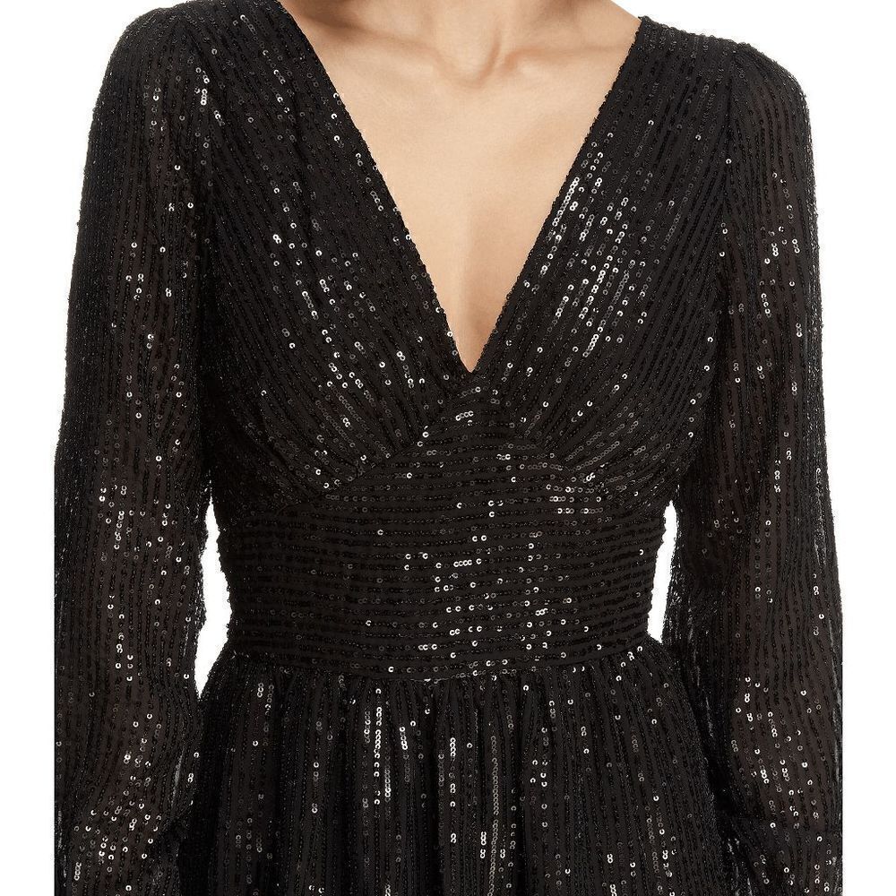 🖤✨ MICHAEL KORS Black Sequin Stripe Long Sleeve V-Neck Dress SIZE M $195 NWT - Picture 6 of 17